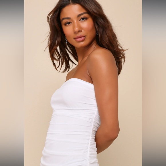 White Mesh Ruched Asymmetrical Mini Dress - Picture 4 of 4